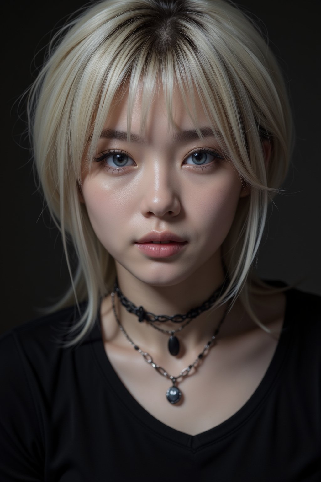 A hauntingly beautiful young gothic girl gazes directly into the lens from a close portrait view. Her punk-inspired hairstyle frames her striking features, including her front-facing pose and very short blonde locks. The black T-shirt accentuates her porcelain complexion, while her very light blue eyes seem to radiate an otherworldly intensity. Shaded black eyelids add depth, while intricate details define the shape of her eyes and mouth. Illuminated by soft, cinematic lighting, this masterpiece-like image is a testament to the beauty of imperfection.