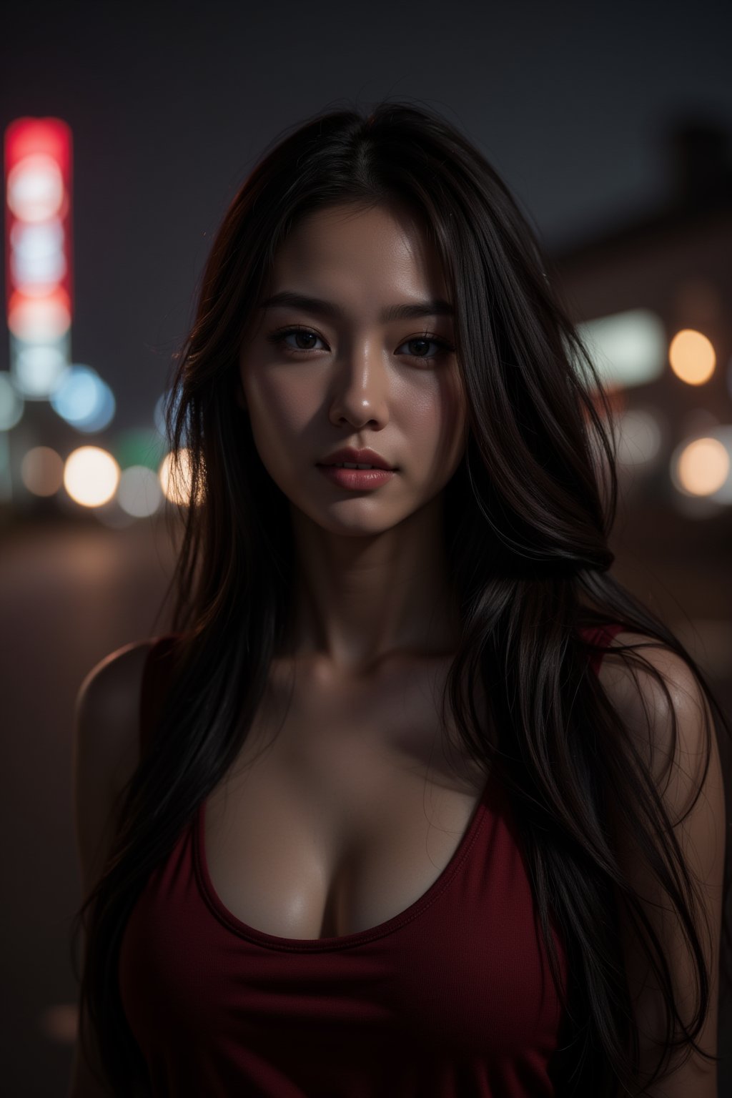 A sultry young woman with striking features and flowing long hair poses solo against a dark, misty night backdrop. The bokeh effect creates a sense of depth, blurring the cityscape behind her as she gazes directly into the camera lens. A shallow depth of field focuses attention on her enigmatic expression, illuminated by the faint glow of streetlights and neon signs. Her features are bathed in a warm, cinematic lighting, exuding an air of mystery and allure.