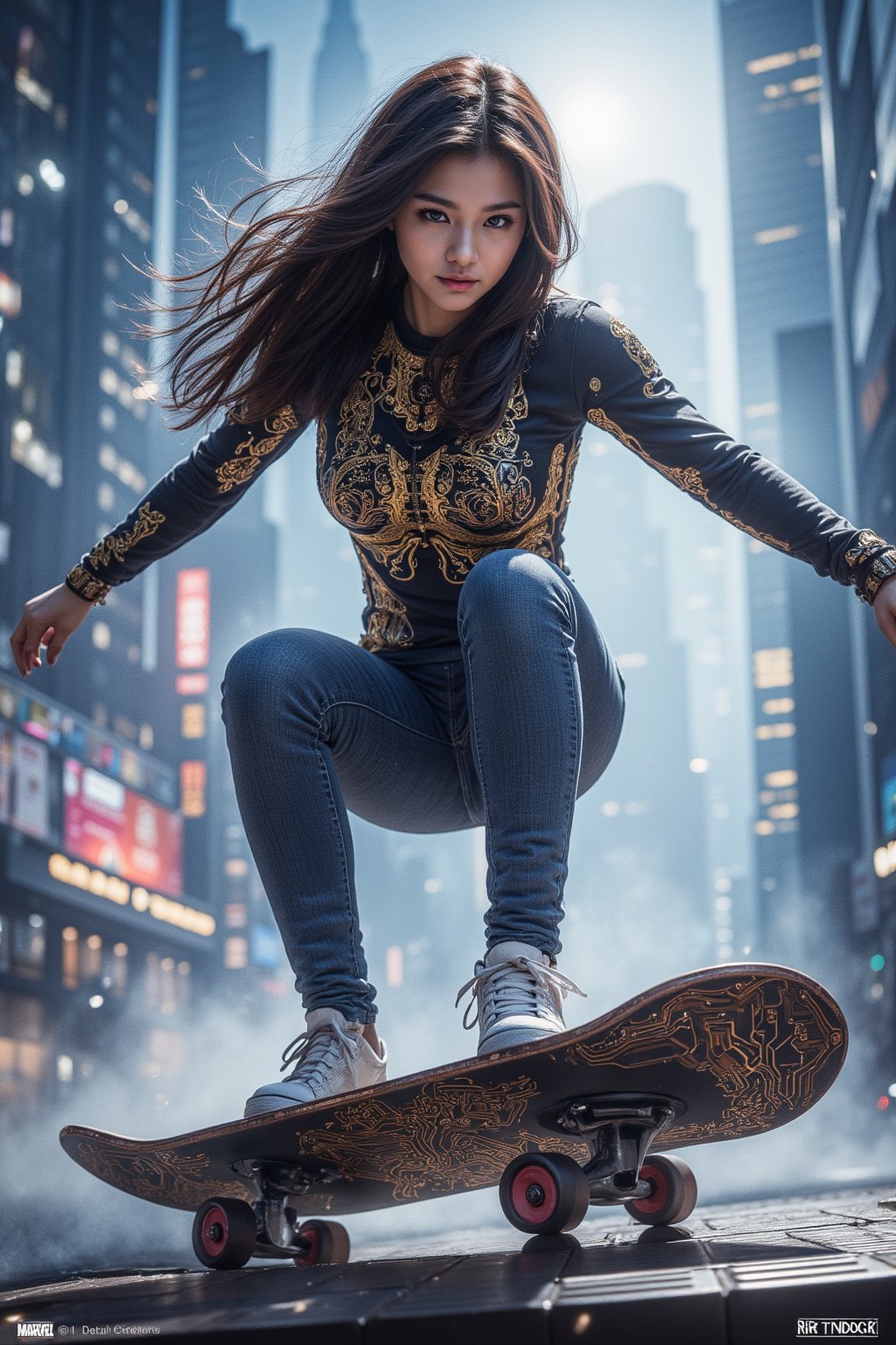 A futuristic cityscape unfolds in a watercolor-ink fusion. A skateboarding girl, adorned with gold ornaments, soars through the misty streets, as neon-lit skyscrapers and cyberpunk architecture blur behind her. In a nod to Marvel's sci-fi roots, glowing circuitry patterns etch across her board, while glitch-like distortions ripple throughout the urban backdrop, creating an immersive, interactive image. Highly detailed and iconographic, this artwork blends the styles of Clayton Crain, Ross Tran, Rachel Walpole, Jeszika Le Vye, Dan Volbert, Simon Stalenhag, and Brian Stelfreeze.