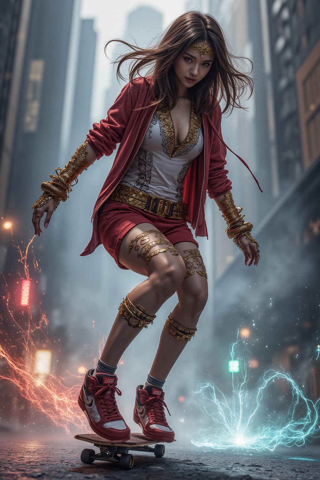 In a gritty urban Comics setting, a skateboarding girl, adorned with gold ornaments, embodies the fusion of Marvel's high-tech sci-fi and iconic art. Against a glitchy, watercolor-inspired background misted with ink, she effortlessly glides on her board, surrounded by neon-lit cityscapes and wispy tendrils of fog. Her pose exudes confidence and freedom, as if defying the laws of physics and gravity. The interactive image invites viewers to step into this highly detailed, vibrant world, where art styles blend like never before - a true marvel of Clayton Crain, Ross Tran, Rachel Walpole, Jeszika Le Vye, Dan Volbert, Simon Stalenhag, and Brian Stelfreeze.