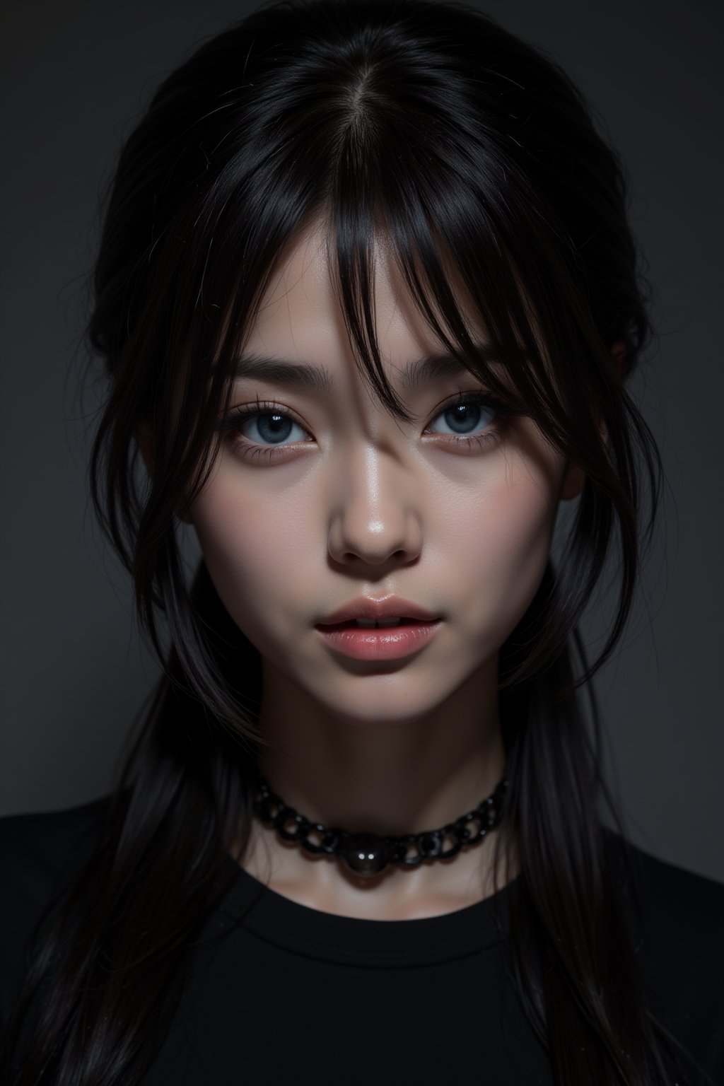 A stunning close-up portrait of a young gothic girl, her punk-inspired hairstyle framing her striking features. Her black T-shirt and intense, shaded eyes seem to pierce through the soft, gentle light that illuminates her very light blue gaze, drawing attention to the intricate details of her highly detailed eyes and mouth. The cinematic quality of this image is heightened by the subtle lighting, capturing every nuance of her porcelain doll-like complexion.