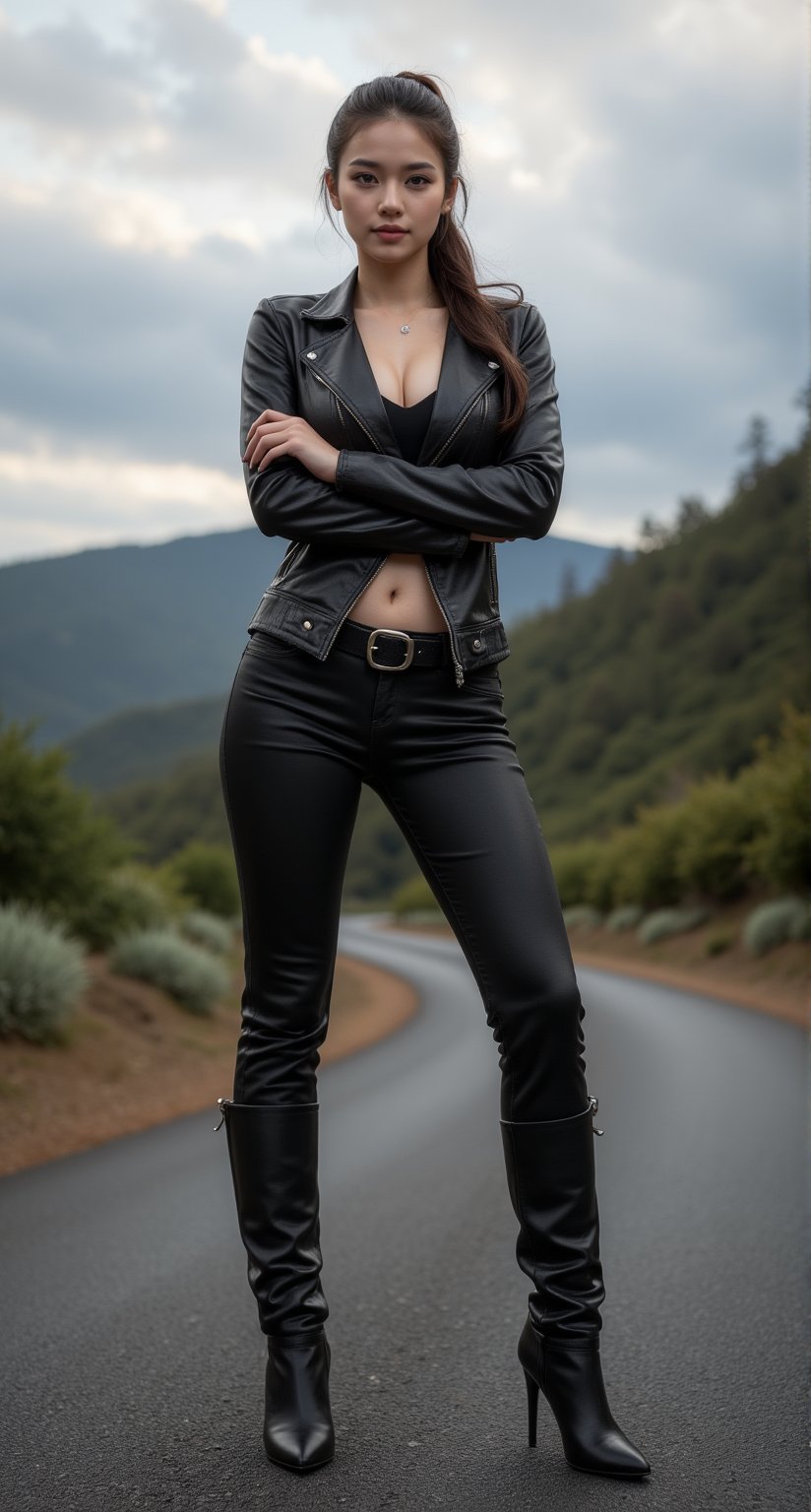 A solo woman stands confidently on the winding road, surrounded by lush greenery and majestic mountains. She exudes a sense of power and control, her extremely detailed face illuminated by soft ambient lighting. Her perfect eyes gleam with a smug expression, masked by a black leather jacket and matching pants. The toned athletic body is accentuated by knee-high heeled boots, belted at the waist. Arms crossed, she projects an air of austere determination, her shapely physique radiating strength and fitness.