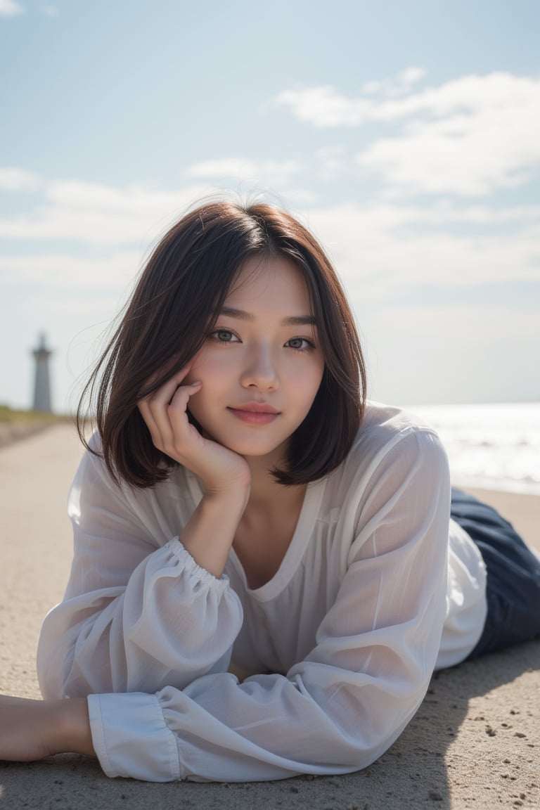 A stunning Japanese beauty, with a tear-mole on her left cheek, lies realistically on the beach, her short hair neatly trimmed. Her fair skin glows with a subtle sheen, as if kissed by the sun. Thin features frame her small ears, which peek out from beneath her loose school uniform. The roads behind her lead to the horizon, where the blue sea meets the white cloud sky. A lighthouse stands tall in the distance, its peak barely visible above the gentle waves. Her photorealistic skin texture glistens with dew-kissed pores, and a subtle smile plays on her lips.