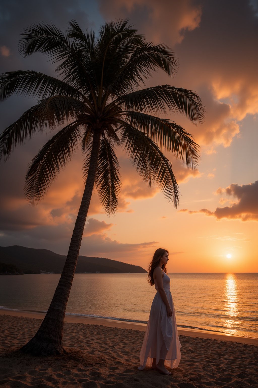 A breathtaking 8K masterpiece captures the serene atmosphere of a sea bay at sunset. A majestic palm tree stands tall on the beach, its intricately detailed trunk and fronds illuminated by the warm orange glow. The sky is ablaze with vivid hues as clouds drift lazily across the canvas. The subject's expressionless face blends seamlessly into the surroundings, as if lost in thought. High-quality textures and shadows bring depth to the scene, while cinematic lighting and a shallow depth of field create a sense of intimacy. A subtle light source contrast adds dimensionality, drawing the viewer's eye to the horizon.