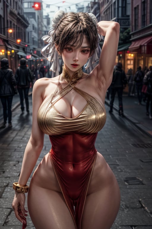 best quality, highres, 1girl, SF6 CHUN, red costume, thick thighs, narrow waist, squeezing big breasts, stunning hourglass figure, feminine physique, beautiful symmetrical face, action pose, determined expression, pale white skin, perfect skin, textured hair, 8k resolution, realistic, photorealistic ultra detailed, golden hour, in a busy street, night, showing armpit, naked breast, seductive_pose, seductive_pose, seducing