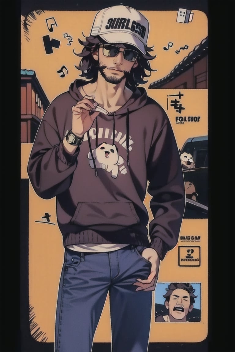 ((1man)), snapback, sunglasses, ((black_short_hair)), (short_beard), black_hoodie, denim_pants, air_jordan_1_high, cartoon, (Musical notes), skinny body, (small_Shiba_Inu), ((rolex)),1 page manga