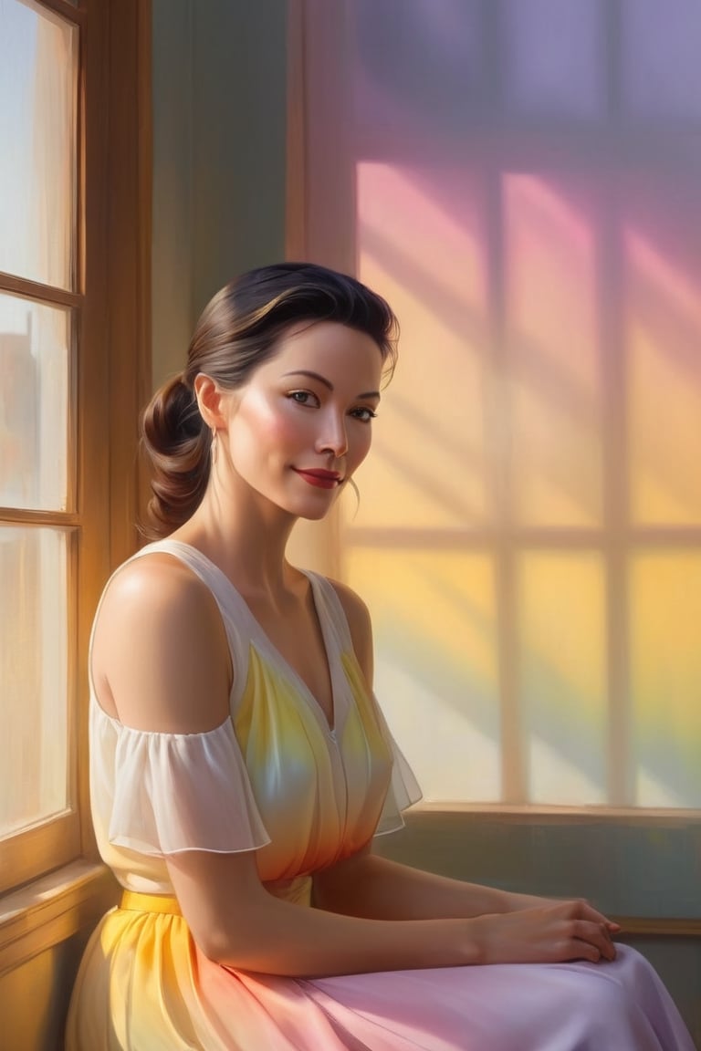 painting portrait of ['david bowie' | 'lucy liu' | 'Keanu Reeves'] 'By the window' 'knowing smile', in the background many books, lot of light, sleeveless blouse. [Alberto Vargas | Gil Elvgren | Olivia De Berardinis] style Painting,  (2020s themes). (delicate sfumato:4),  (yellow to 'magenta' colour Radiance:2),  ('shadows to bright gradient':5). (chiaroscuro,  deep shadows),  (ethereal,  harmonious composition,  landscapes,  intricate backgrounds),  (emotion-evoking poses)