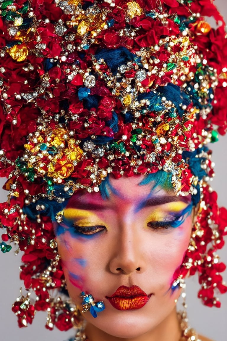 red theme,  looking at viewer,  portrait,  colorful hair,  jewelry,  close up,  ultra high res,  deep shadow, (best quality,  masterpiece),  dimly lit,  shade, highly detailed,  bold makeup,  flower,  simple background,  depth of field,  film grain,  fashion_girl,  accessories, High detailed, , , 