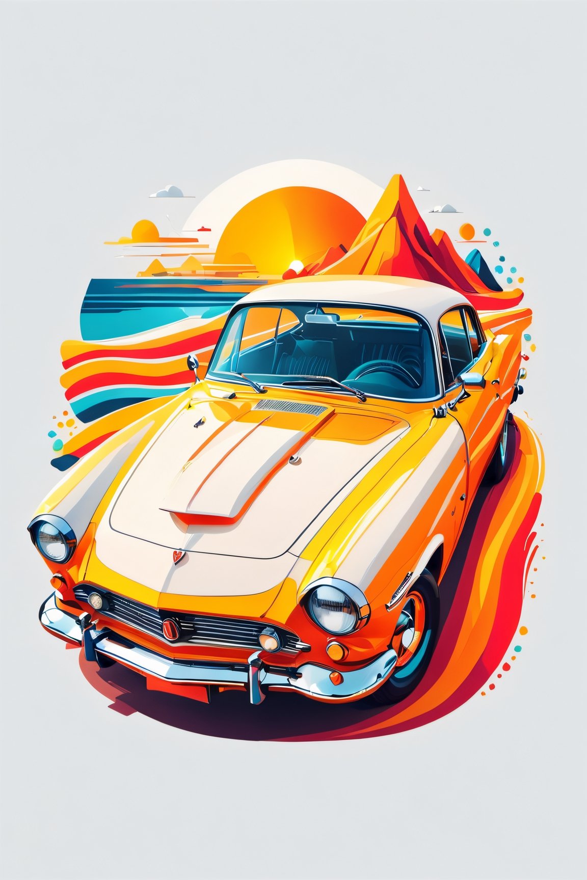 artwork of t-shirt graphic design, flat design of one retro ,retro car ,colorfull shades, highly detailed clean, vector image, photorealistic masterpiece, professional photography, simple sunrise backdrop , flat white background, isometric, vibrant vector((white background))