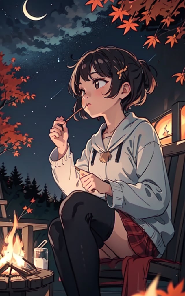 1930s (style), a loli girl roasting marshmallows over a campfire looking up at a stary night surrounded by maple trees, Sketch, autumn_leaves, star_(sky),Lofi,LOFI,cassdawnlvl1,day,EpicArt