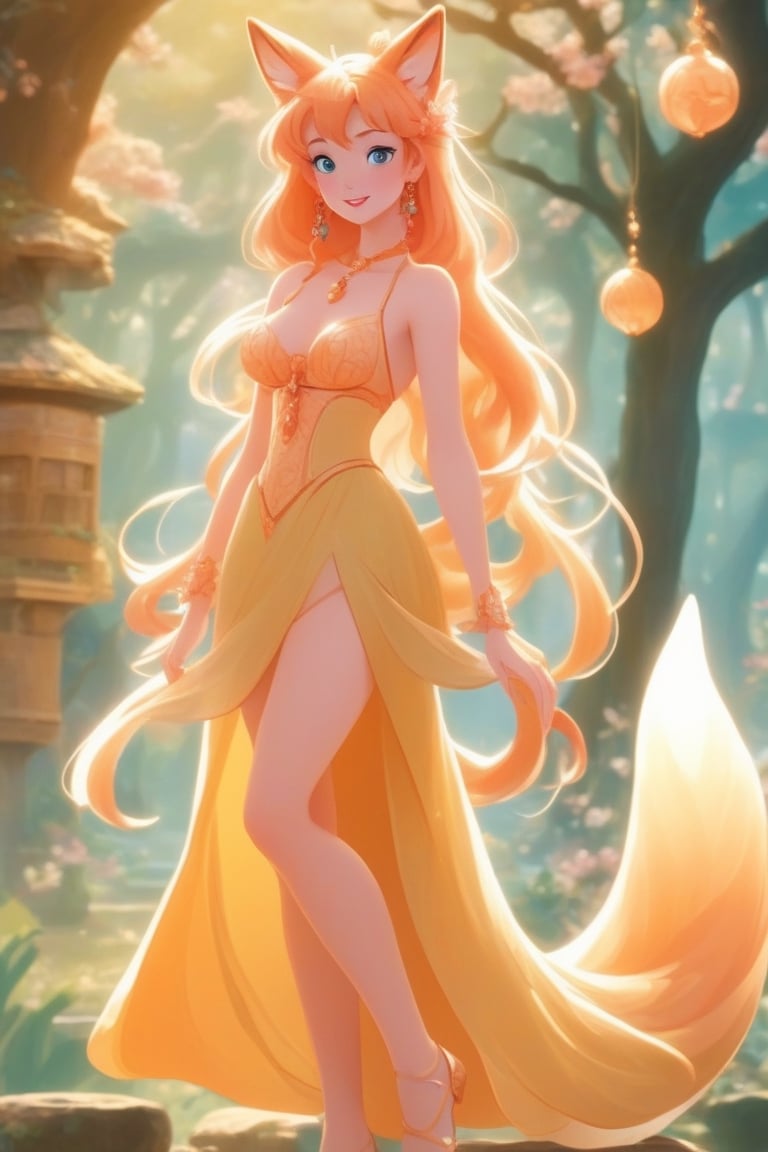 A beautiful sexy nymph full body shot in 1990 anime style by Disney, retro anime,  medieval fantasy, vintage anime, fairytale, magical, dreamy, royalty, flat colors ,Beautiful girl , sexy girl ,Flat Design,dfdd,Magical Fantasy style,2d_animated,6000, amazing background ,1girl,Spirit Fox Pendant