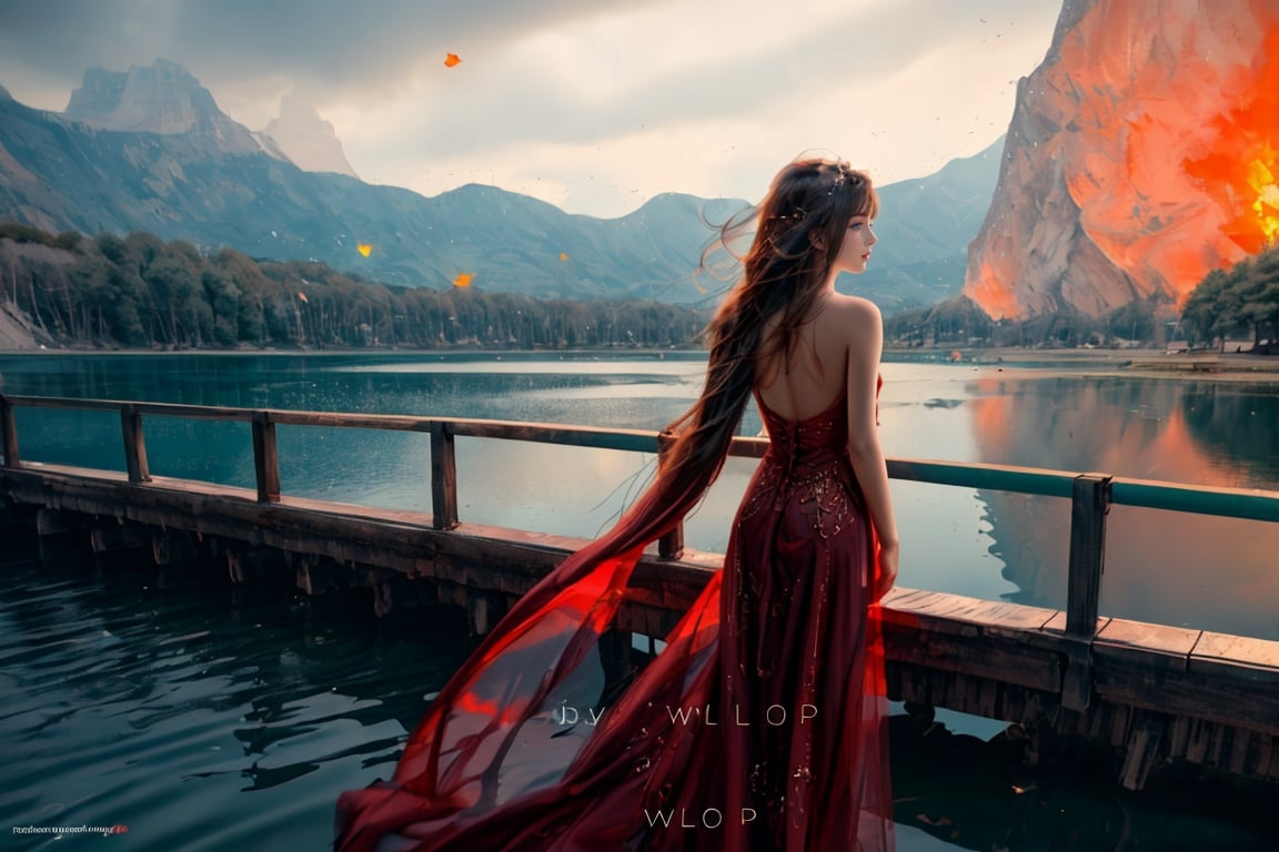 wide angle shot, masterpiece, centered, Best Quality, Ultra-detailed, fine detail, high resolution, 8K Wallpaper, Perfect dynamic composition, Natural Color Lip,(Wearing a long red transparent dress:1.3),(Longhair:1.3),drawn action: (the girl must be in the lake:1.4),fiery atmosphere, fiery landscape, 15 years old girl, long hair blown by wind, stern expression,1girl,Wlop