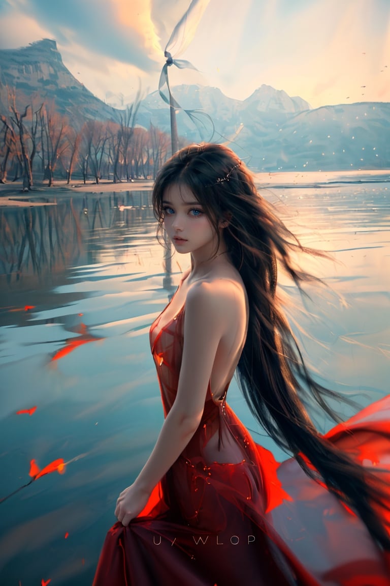 masterpiece, centered, Best Quality, Ultra-detailed, finely detail, hight resolution, 8K Wallpaper, Perfect dynamic composition, Natural Color Lip,(Wearing a long red transparent dress:1.3),(Longhair:1.3),drawn action: (the girl must be in the lake:1.4),fiery atmosphere,(The wind blows my long hair:1.4)15 years old girl, stern expression,1girl,Wlop