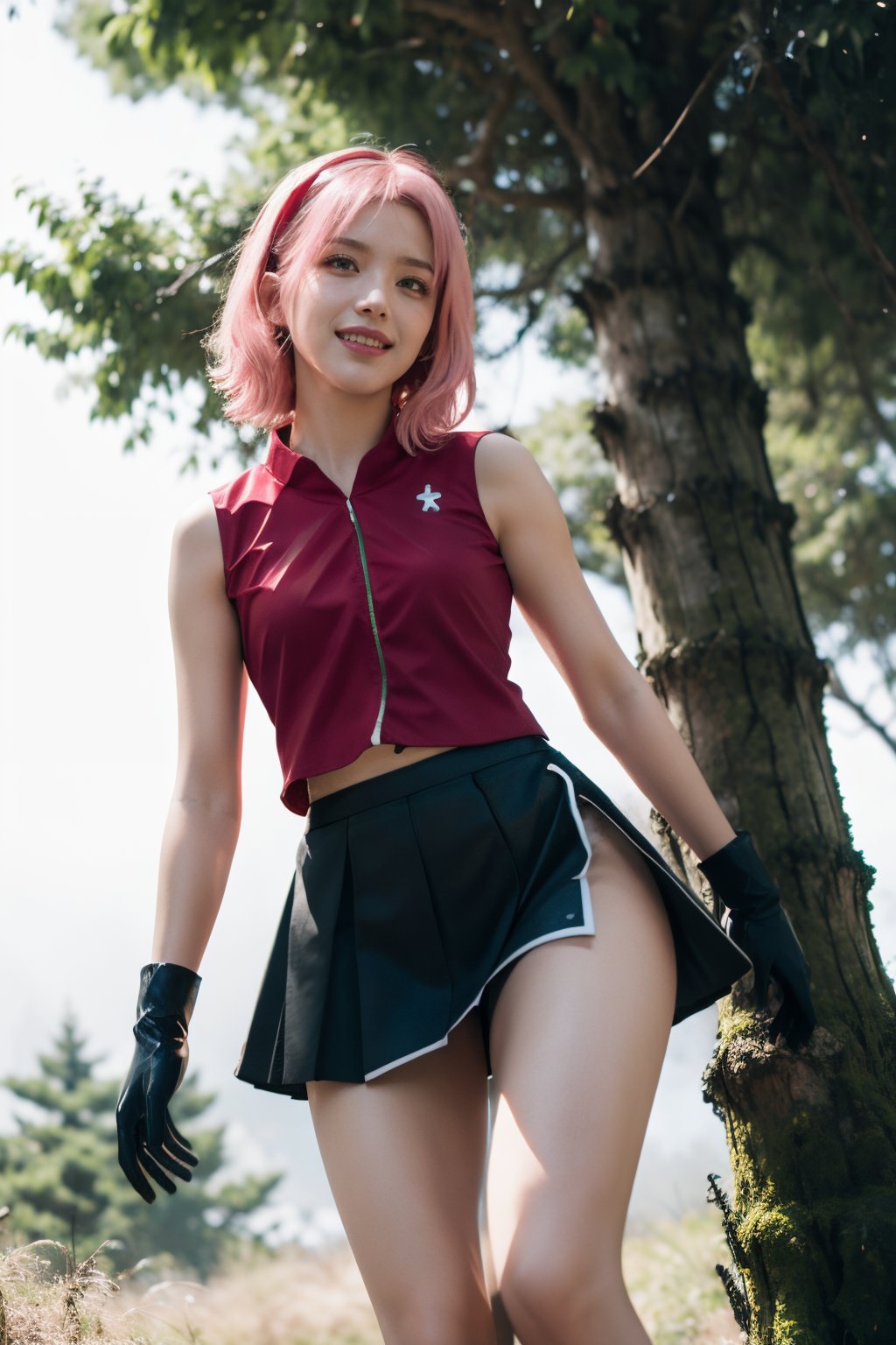 masterpiece, best-quality, photorealistic, raw photo,

1girl, sakura haruno, (green eyes:1.2), hairband, short hair, (pink hair:1.4), (small breast:1.2), bare shoulders, (black gloves:1.2), forehead protector, konohagakure symbol, ninja, (red shirt:1.5), shirt, (sleeveless:1.2), sleeveless shirt, (black short skirt:1.5), (tight shorts:1.2)

looking at viewer, smiling, bottom view, from below, intense angle, bottom_view

japanese old forest, torii, tree, stone, grass, 

backlighting, fog, day lighting, birch light, sun rays, volumetric light