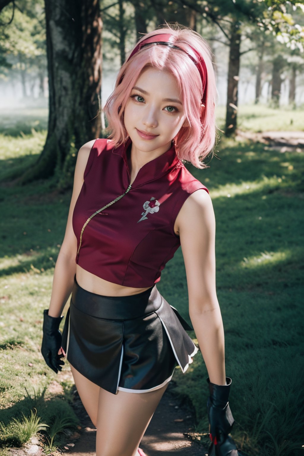 masterpiece, best-quality, photorealistic, raw photo,

1girl, sakura haruno, (green eyes:1.2), hairband, short hair, (pink hair:1.4), (small breast:1.2), bare shoulders, (black gloves:1.2), forehead protector, konohagakure symbol, ninja, (red shirt:1.5), shirt, (sleeveless:1.2), sleeveless shirt, (black short skirt:1.5), (tight shorts:1.2)

looking at viewer, smiling, top view, from above, intense angle, top_view_perspective

japanese old forest, torii, tree, stone, grass, 

backlighting, fog, day lighting, birch light, sun rays, volumetric light,haruno sakura,