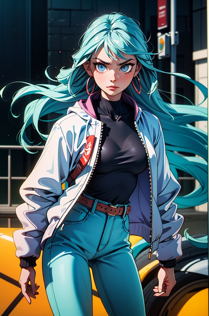 Generate hyper realistic image of a woman with long, flowing blue hair cascading over her shoulders, her piercing blue eyes locked onto the viewer with intensity. She stands confidently, wearing a stylish white jacket with long sleeves, complemented by a braided belt and matching pants. Adorned with subtle makeup and nail polish, she exudes an air of sophistication, with hoop earrings framing her face.