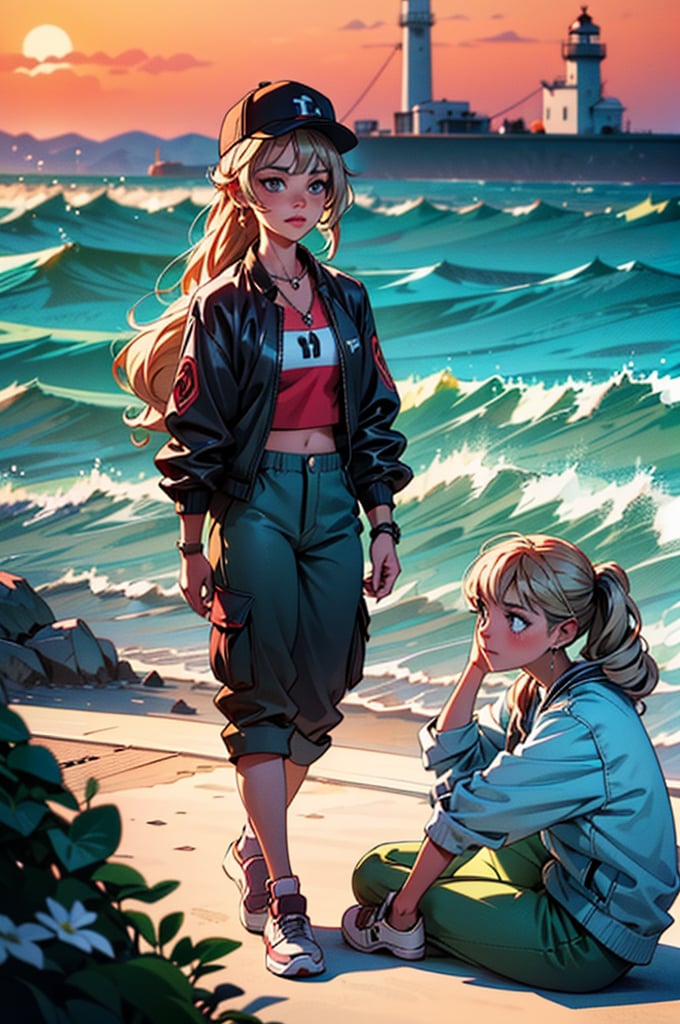 French girl,grey blonde hair(very long hair, curly_hair),long ponytail,hiphop dancer,wearing all black clothes (loose fit top and wide cargo pants),sneakers,accessories(necklace,ear_rings)baseball cap, sitting at sea bank,horizon,seaside,vivid sea color,red lighthouse,sunset,Best Quality, 32k, photorealistic, ultra-detailed, finely detailed, high resolution, perfect dynamic composition, beautiful detailed eyes, sharp-focus, cowboy_shot, 