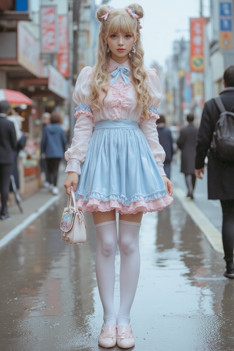  photo of an adorable wet soaked Japanese woman, dressed in a wet pastel blue and pink frilly dress with pigtailed hair, holding her small handbag as she standing on the streets, Her long, curly blonde hair is styled into two buns with bows, creating a charming appearance. She wears white tights under tall socks, matching shoes, and carries a cute bag that adds to her delightful look, wet clothes dripping