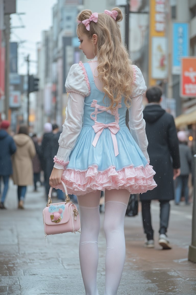  photo of an adorable wet soaked Japanese woman, dressed in a wet pastel blue and pink frilly dress with pigtailed hair, holding her small handbag as she standing on the streets, Her long, curly blonde hair is styled into two buns with bows, creating a charming appearance. She wears white tights under tall socks, matching shoes, and carries a cute bag that adds to her delightful look, wet clothes dripping