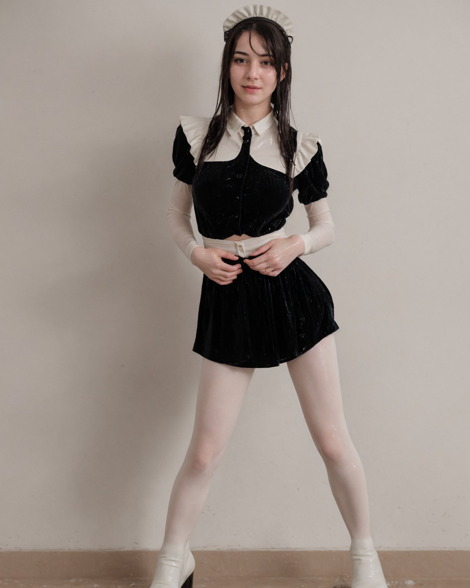 Full body shot, Wet young girl in the rain,  completly soaked wet, dripping wet hair and clothes, black frenchmaid velvet uniform, white wool tights, boots, wetlook, wet, white background, clothes,lemon0021, SoakingWetClothes,Hourglass thin waist, 