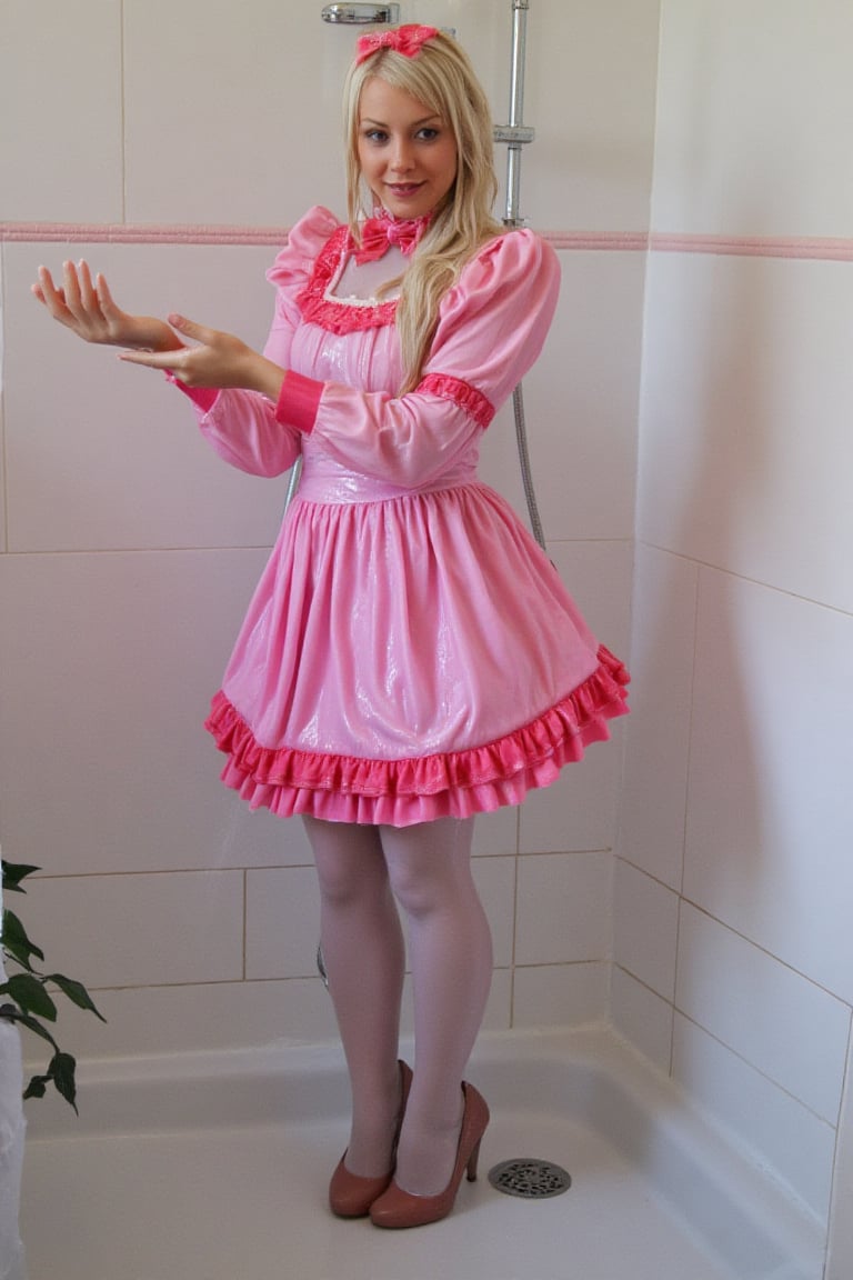 Kawaii cute japanese cosplay girl in wet soaked kawaii lolita dress, wet, wet stockings, high heels,