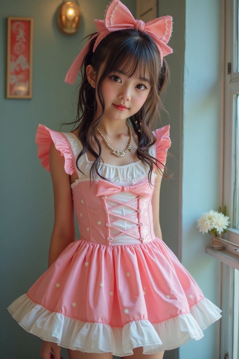 Kawaii cute japanese cosplay girl in wet soaked kawaii lolita dress, wet