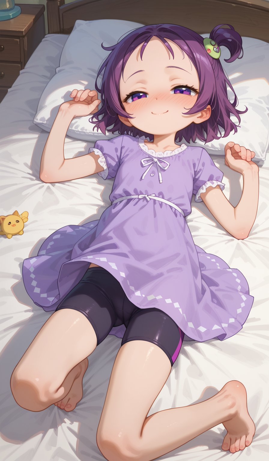 4n1v3rs3, score_9, score_8_up, score_7_up, 1girl, solo, cute face, smile,BREAK, (14 yo,cute, little sexy girl,tiny,small ,beautiful ,loli, petite:1.1),(onpusegawa, short hair, purple hair, one side up, purple eyes, hair ornament, shirt, dress, bike shorts,barefoot) , detailed, dynamic pose,top view,laying on back, laying in bed, bedroom, bed, cosy room, half-closed eyes, shy, nose blush