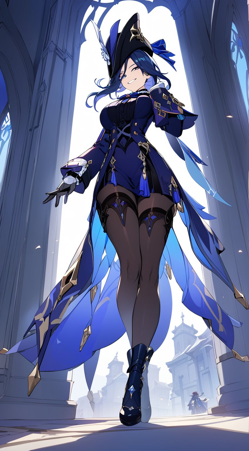 Clorinde from Genshin Impact. Smirk,  1girl. fullbody,  blue swirl by Fallingstar on Tensor.Art