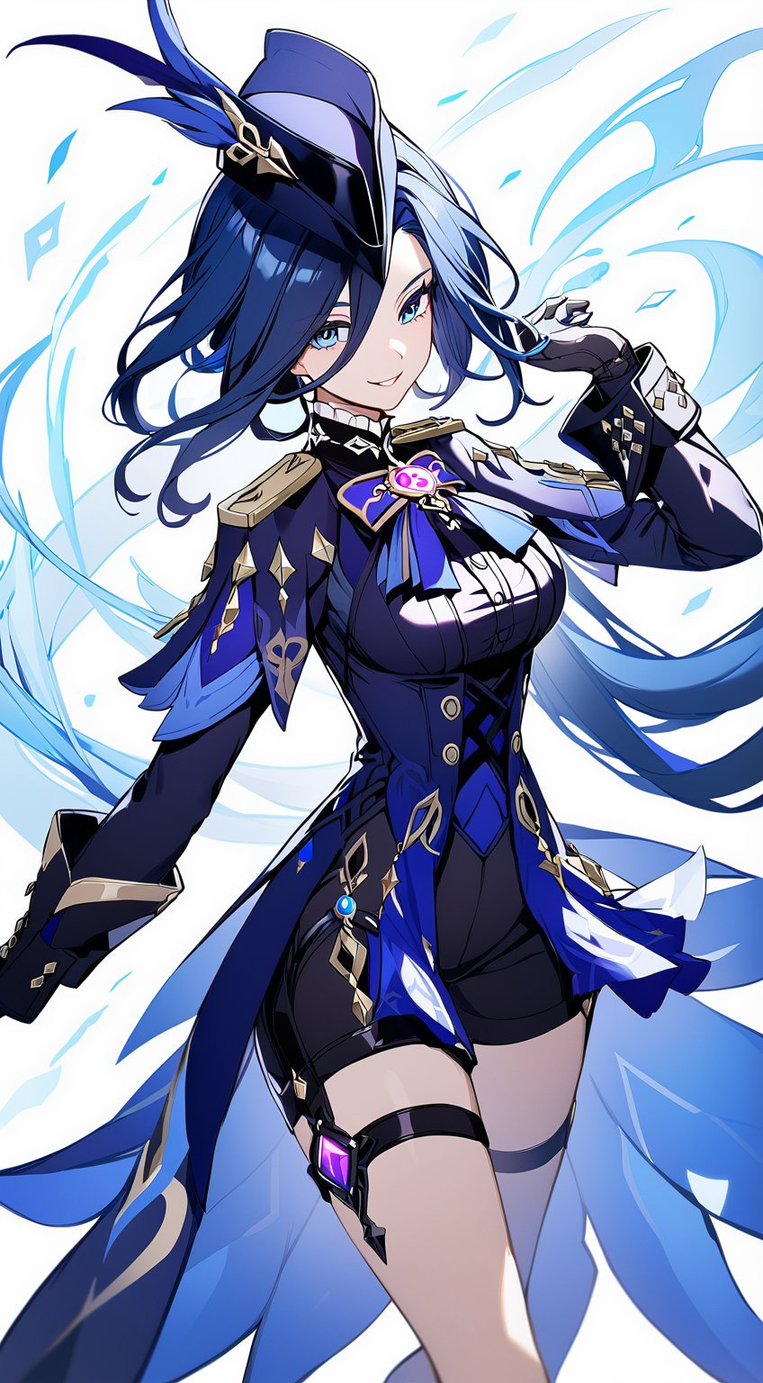 Clorinde from Genshin Impact. smile,  1girl. jacket. blue_clothing. bow. hat. by Fallingstar on Tensor.Art