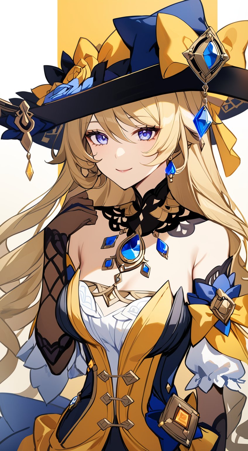 Navia from Genshin Impact. smile,  1girl. jacket. gold_clothing. bow. hat. by Fallingstar on Tensor.Art