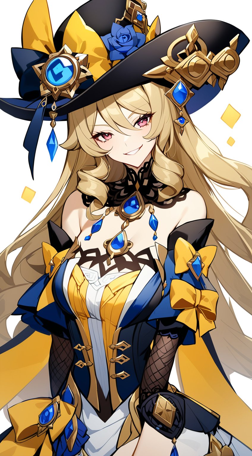 Navia from Genshin Impact. Smirk,  1girl. jacket. gold_clothing. bow. hat. by Fallingstar on Tensor.Art
