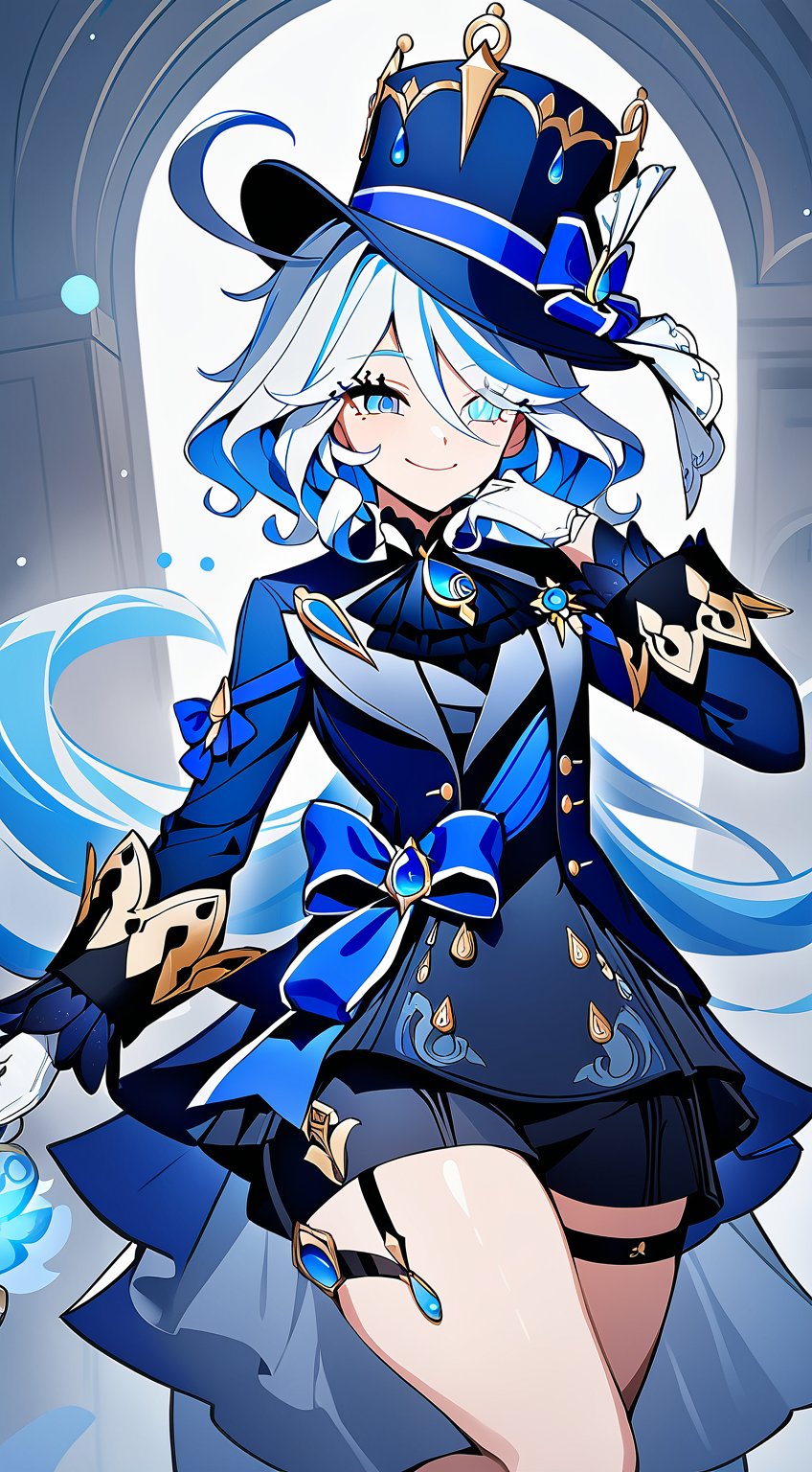 Furina and from Genshin Impact. smile,  tail,  kitsune. 1girl. jacket. blue_clothing. bow. hat. animal_ears. by Fallingsta...
