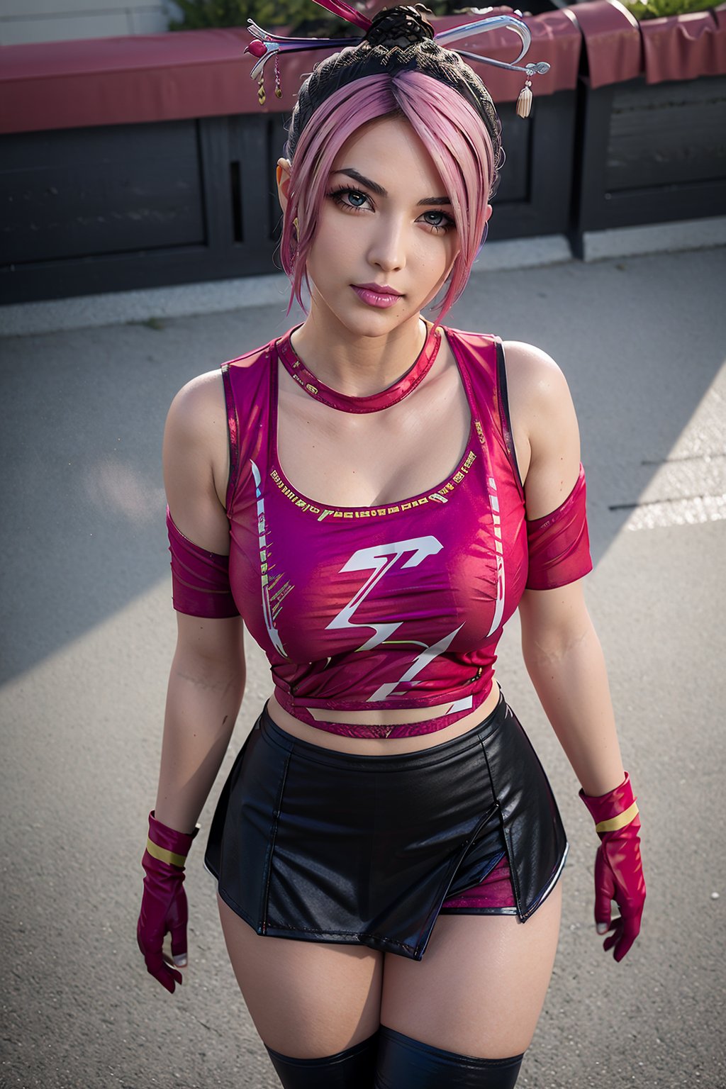 masterpiece, best-quality, photorealistic, 1girl, sakura haruno, hairband, short hair, (pink hair:1.2), (small breast:1.2), bare shoulders, (gloves:1.2), forehead protector,  konohagakure symbol, ninja, (red shirt:2), shirt, (black short skirt:1.5), (jade green eyes:1.2), (tight shorts:1.2), sleeveless shirt, from above, detailed face, detailed eyes, fine detailed, dslr