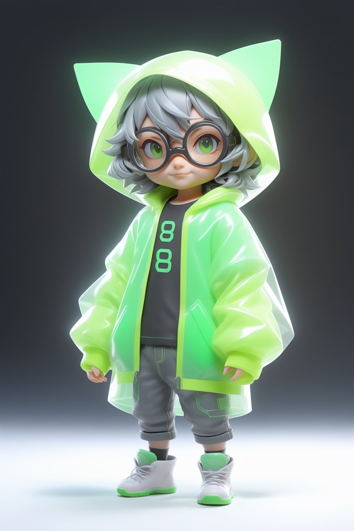 Full body, 3d artwork,  super cute boy, pop mart toys,  front view, super detail, blind box, T pose,Cute male cyberpunk hacker with green colored glasses, in a jacket with a Beanie long grey hair half teeshirt ripped jeanscyberpunk 2077 poster art, unreal engine, cozy indoor lighting, artstation, best quality, 3d icon clay render, blender, OC renderer, full body reference sheet, dribble, high detailed, 8k, studio lighting, 3D rendering, Nintendo trendy, best details, higdefinition, high resolution,cute cartoon 
