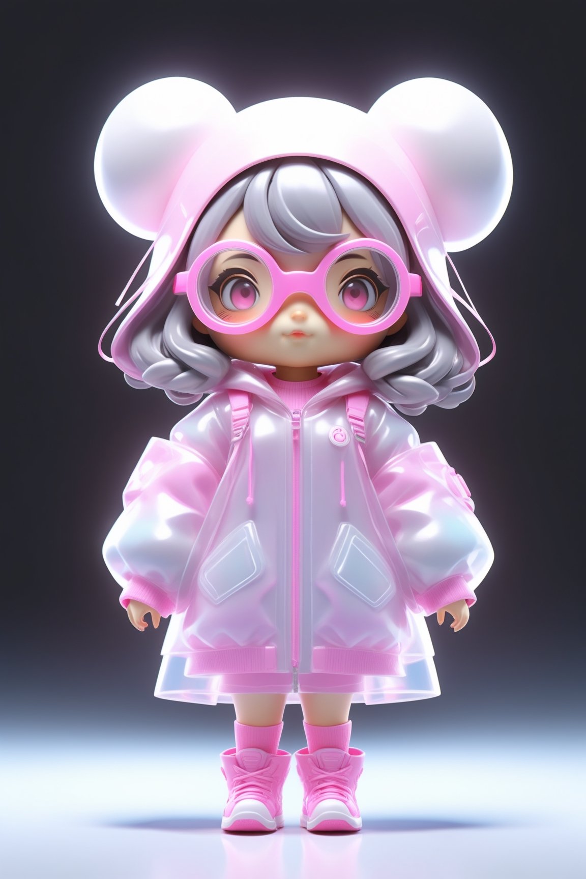 Full body, 3d artwork,  super cute girl, pop mart toys,  front view, super detail, blind box, T pose,Cute female  cyberpunk hacker with Pink colored glasses, in a jacket with a Beanie long grey hair half teeshirt ripped jeanscyberpunk 2077 poster art, unreal engine, cozy indoor lighting, artstation, best quality, 3d icon clay render, blender, OC renderer, full body reference sheet, dribble, high detailed, 8k, studio lighting, 3D rendering, Nintendo trendy, best details, higdefinition, high resolution,cute cartoon 
