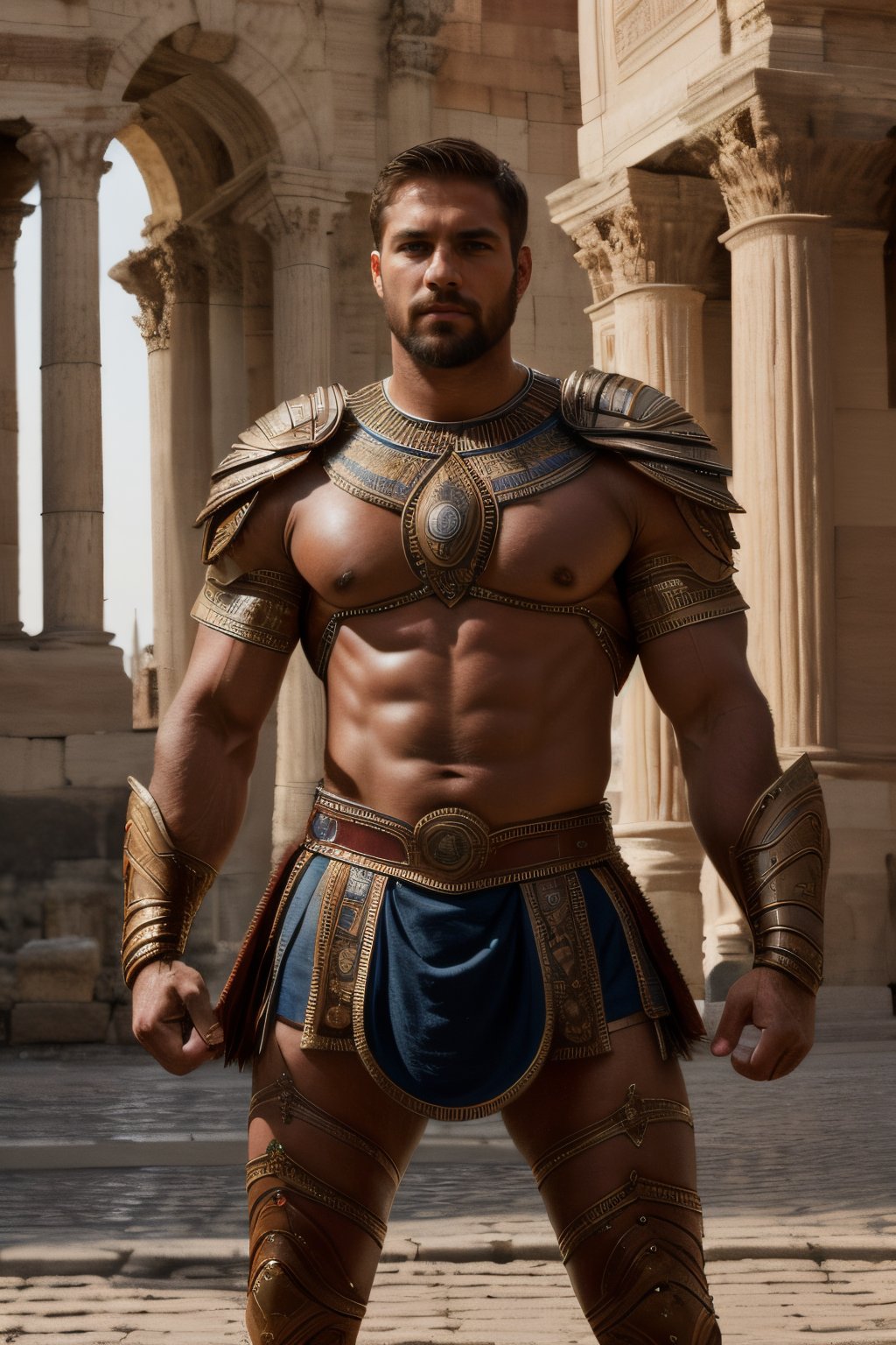 Portrait photo of muscular full body man, Spartan man, gladiator, intricate, elegant, sharp focus, photo by greg rutkowski, soft lighting, vibrant colors, (masterpiece), ((streets)), (detailed face)+, eye iris, antique colosseum