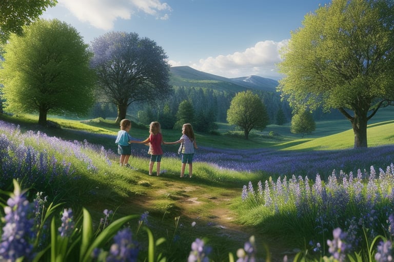 hilly lush spring landscape as background for three adventurous children stand on tiptoes on a gentle hill. In the distanc...