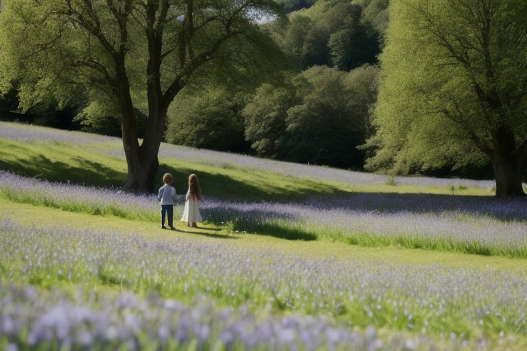 hilly lush spring landscape as background for three adventurous children stand on tiptoes on a gentle hill. In the distanc...