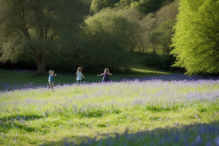 hilly lush spring landscape as background for three adventurous children stand on tiptoes on a gentle hill. In the distanc...