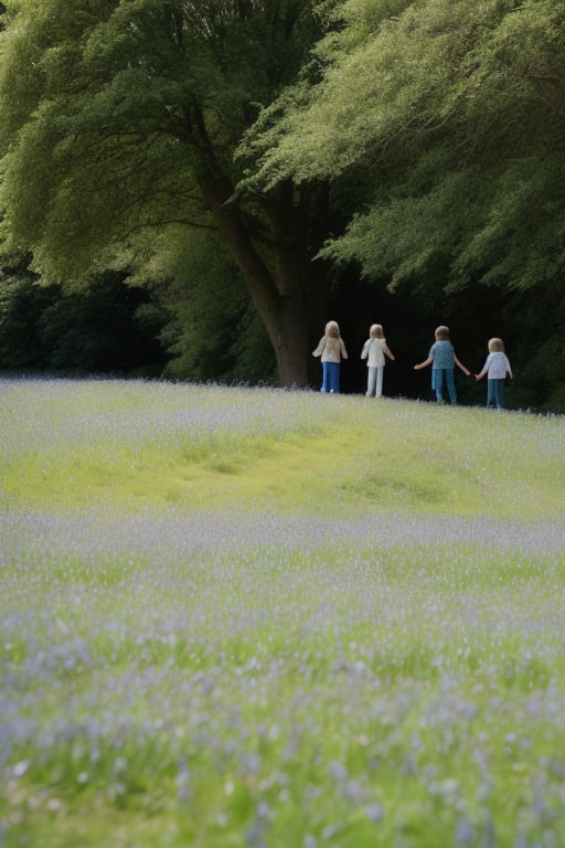 hilly lush spring landscape as background for three adventurous children stand on tiptoes on a gentle hill. In the distanc...