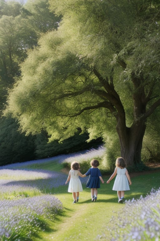 hilly lush spring landscape as background for three adventurous children stand on tiptoes on a gentle hill. In the distanc...