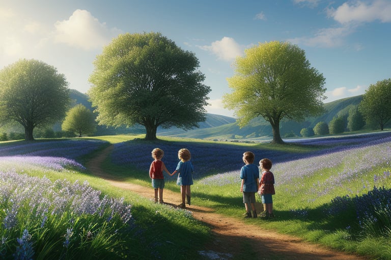 hilly lush spring landscape as background for three adventurous children stand on tiptoes on a gentle hill. In the distanc...