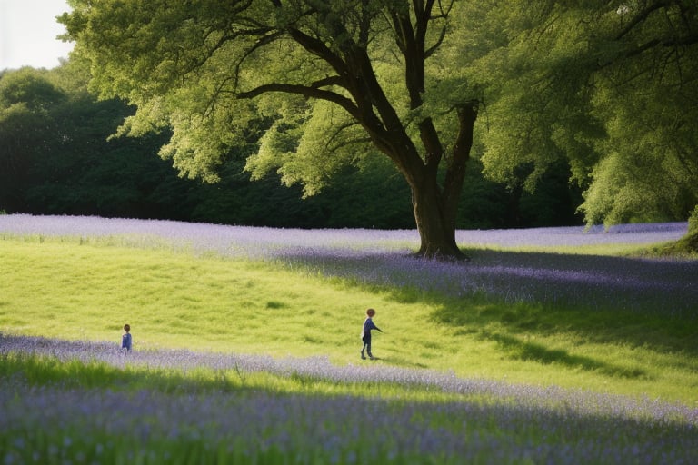 hilly lush spring landscape as background for three adventurous children stand on tiptoes on a gentle hill. In the distanc...