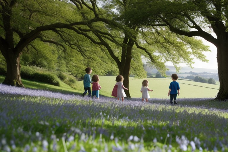 hilly lush spring landscape as background for three adventurous children stand on tiptoes on a gentle hill. In the distanc...