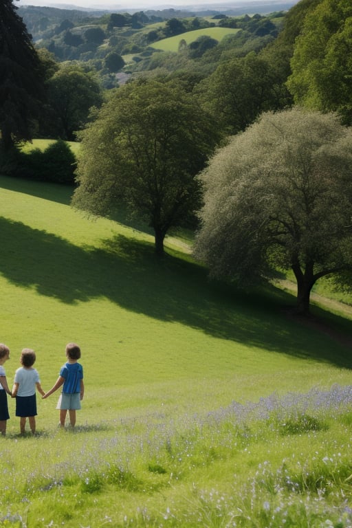 hilly lush spring landscape as background for three adventurous children stand on tiptoes on a gentle hill. In the distanc...