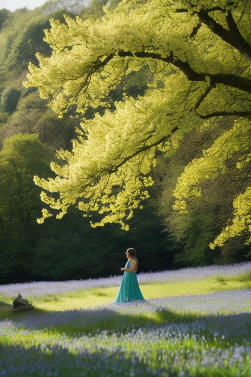 A serene,  elevated spring landscape with a young figure standing on tiptoes on a gentle hill. Early spring buds glisten w...