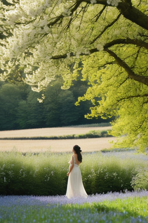 A serene,  elevated spring landscape with a young figure standing on tiptoes on a gentle hill. Early spring buds glisten w...