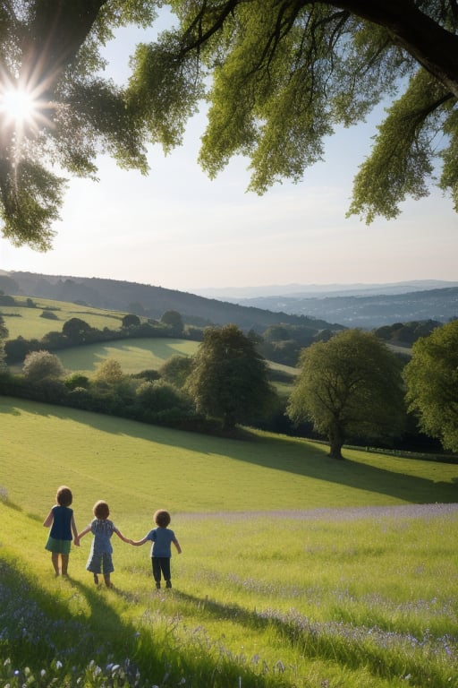 hilly lush spring landscape as background for three adventurous children stand on tiptoes on a gentle hill. In the distanc...