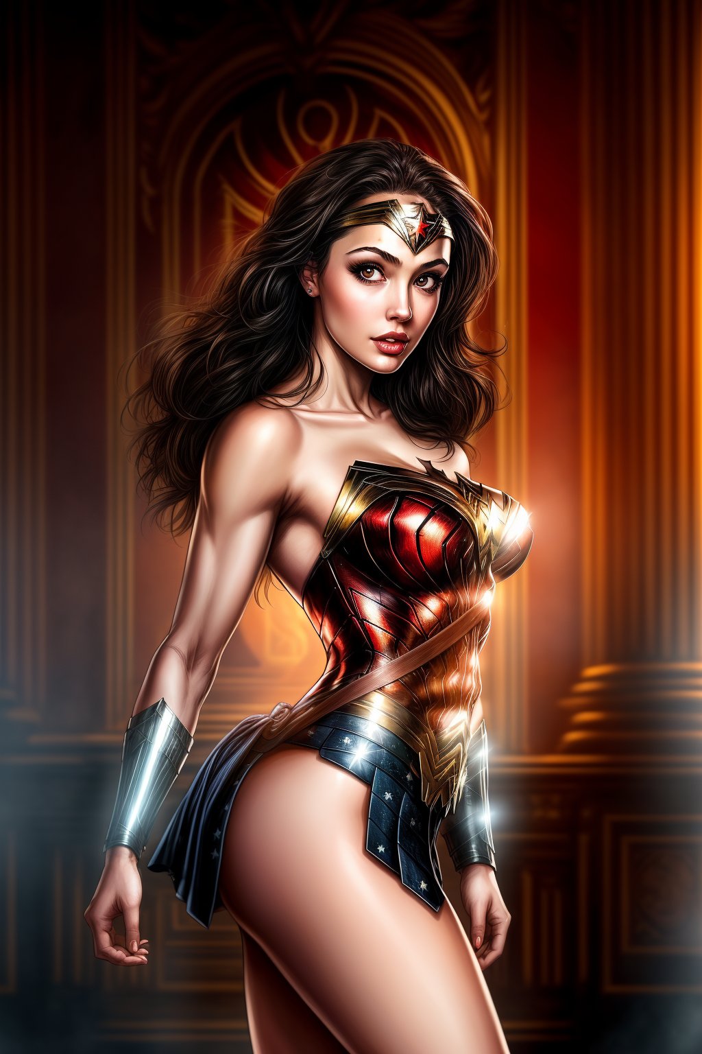 Ultrarealistic 1girl chibi, nsfw, gentle features, royal background, palace, perfect female figure, hot, full body, seductive, cinematic shot, wonder woman