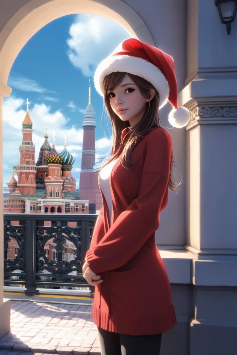 Masterpiece , high resolution, realistic, object ,1 santa girl, (( wear santa hat )), half body,standing front  of building, view to me,  background,arch, architecture, blue_sky, bridge, building, castle, chimney, city, cityscape, clock_tower, cloud, day, east_asian_architecture, fantasy, gate, house, no_humans, outdoors, pagoda, railing, scenery, sky, skyscraper, stairs, tower, tree,dashataran